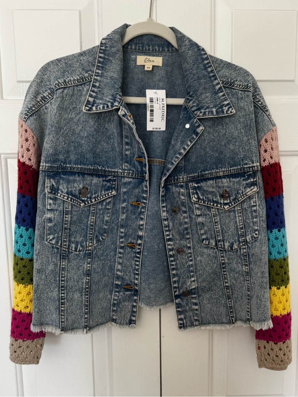 M. Fredric Elan Denim Jacket with Rainbow Crochet Sleeves